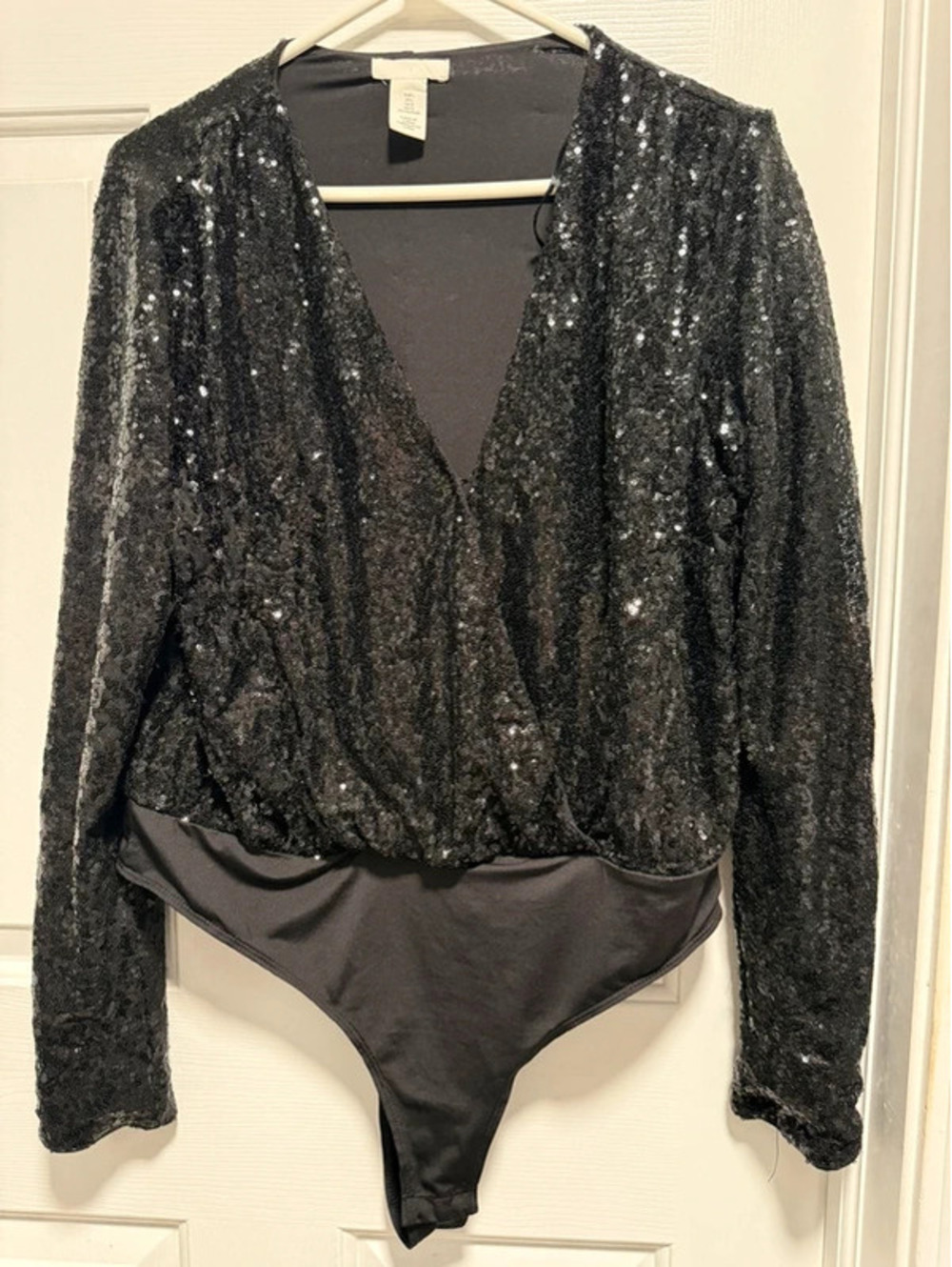 H&M Women’s Black Sequin Wrap Bodysuit Long Sleeve Size Large